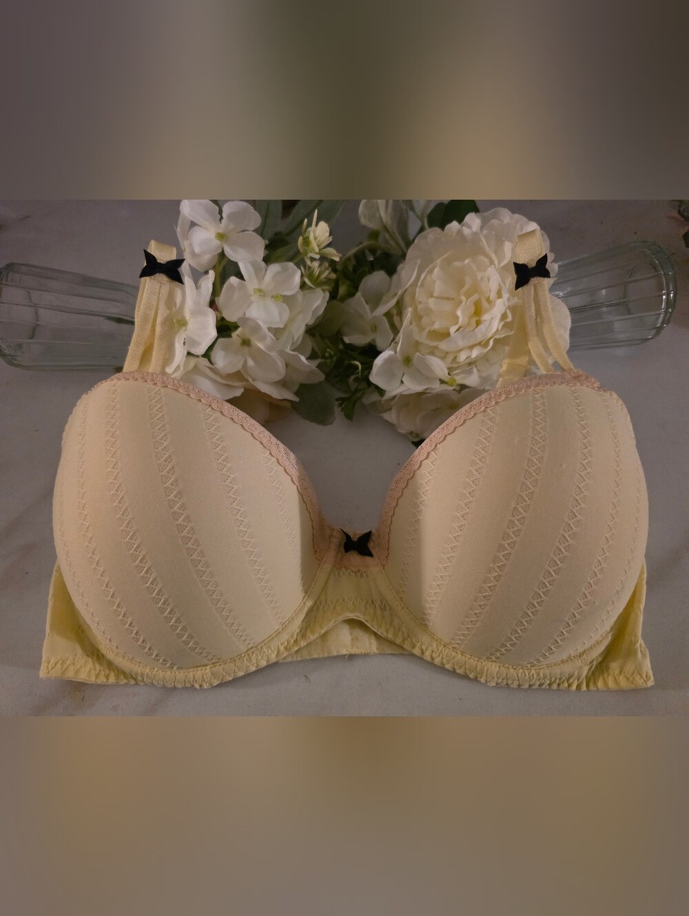Betsey Johnson Pale Yellow Lace-Trim Bra with Black Bow Accents